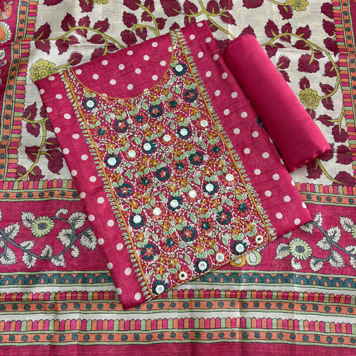 Elegant Tigi Silk Kantha Work Polka Dot Unstitched Suit Set - RE0393-C
