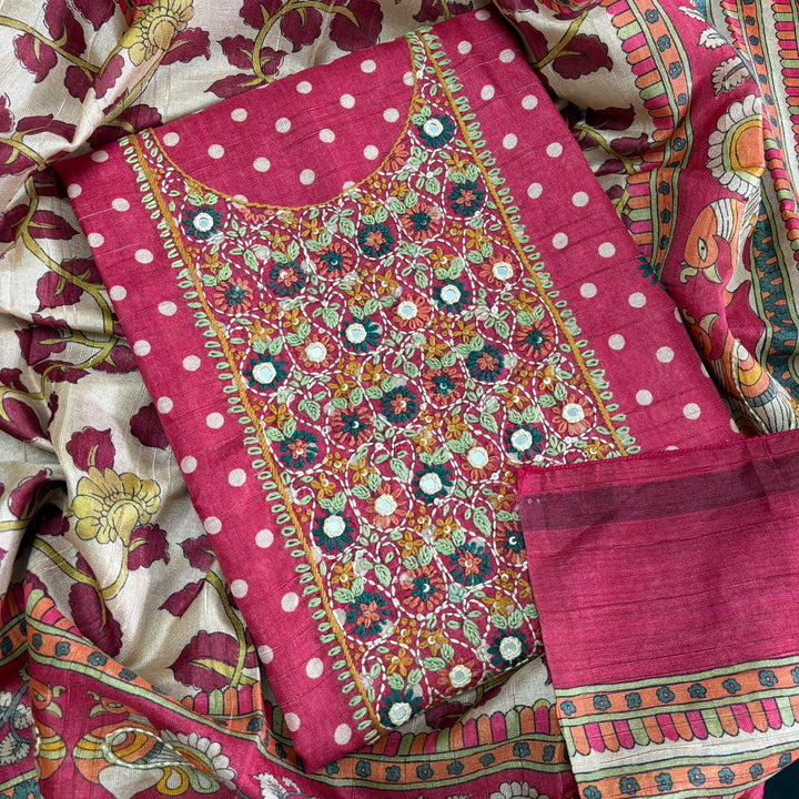 Elegant Tigi Silk Kantha Work Polka Dot Unstitched Suit Set - RE0393-C