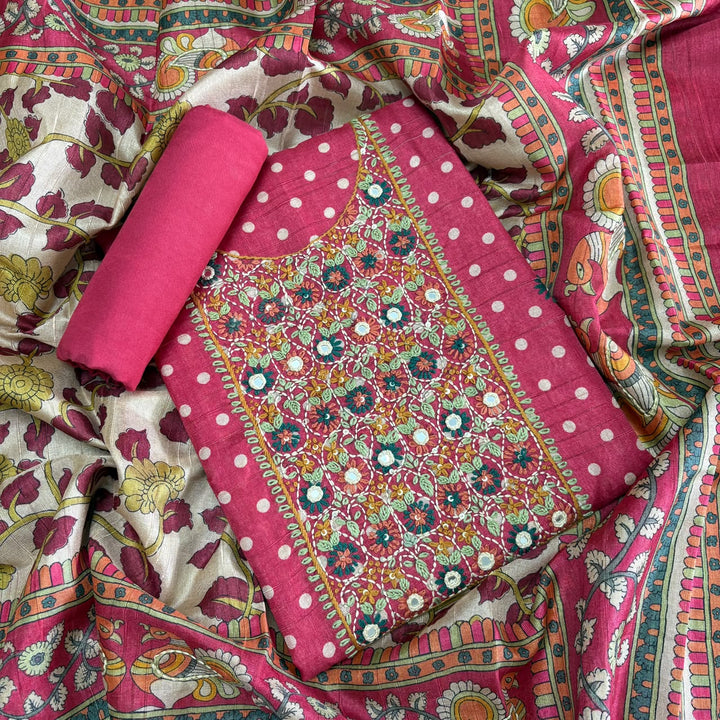 Elegant Tigi Silk Kantha Work Polka Dot Unstitched Suit Set - RE0393-C