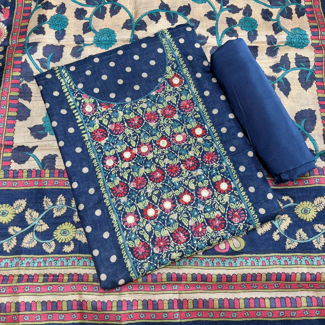Elegant Tigi Silk Kantha Work Polka Dot Unstitched Suit Set - RE0393-D