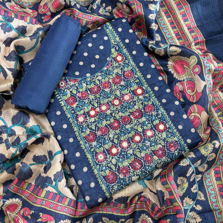 Elegant Tigi Silk Kantha Work Polka Dot Unstitched Suit Set - RE0393-D