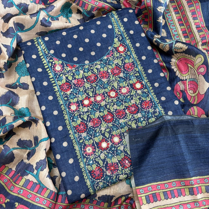 Elegant Tigi Silk Kantha Work Polka Dot Unstitched Suit Set - RE0393-D