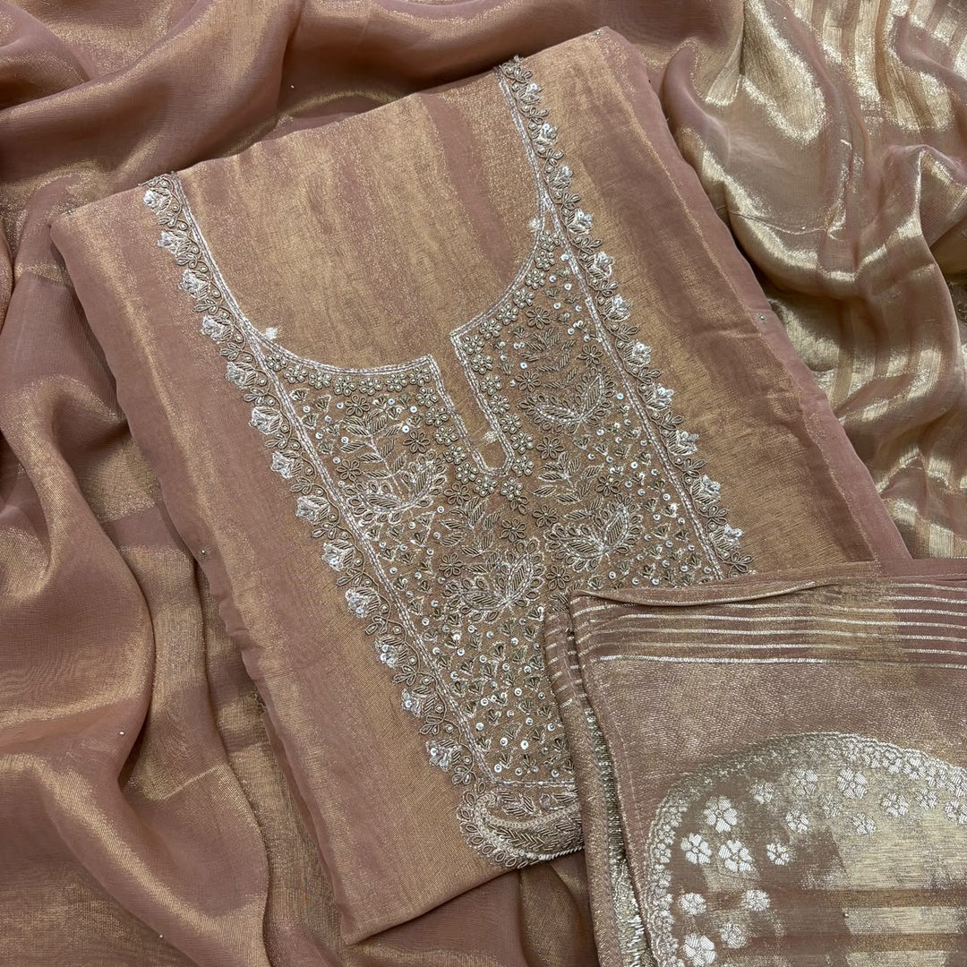 Premium Tissue Silk Dabka Pearl & Sequins Embroidered Unstitched Suit Set FS5265B - A