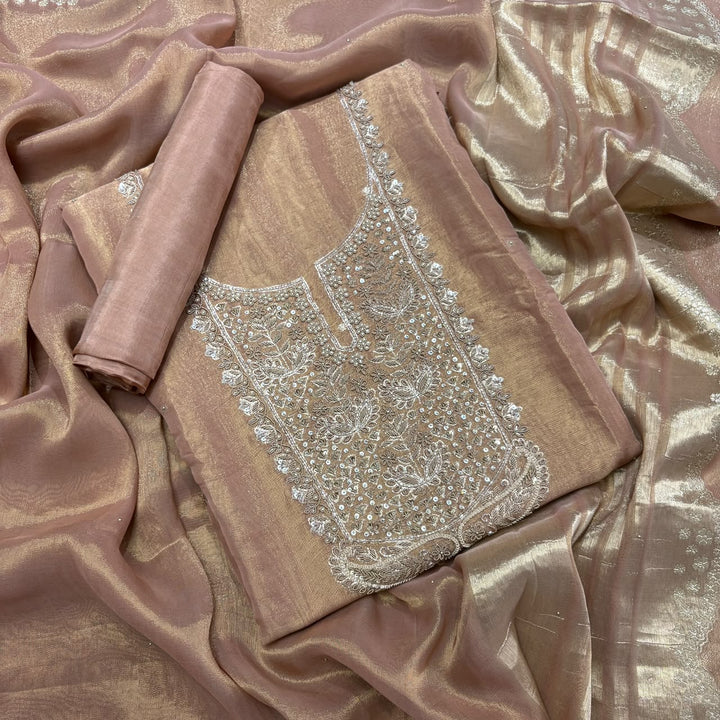 Premium Tissue Silk Dabka Pearl & Sequins Embroidered Unstitched Suit Set FS5265B - A