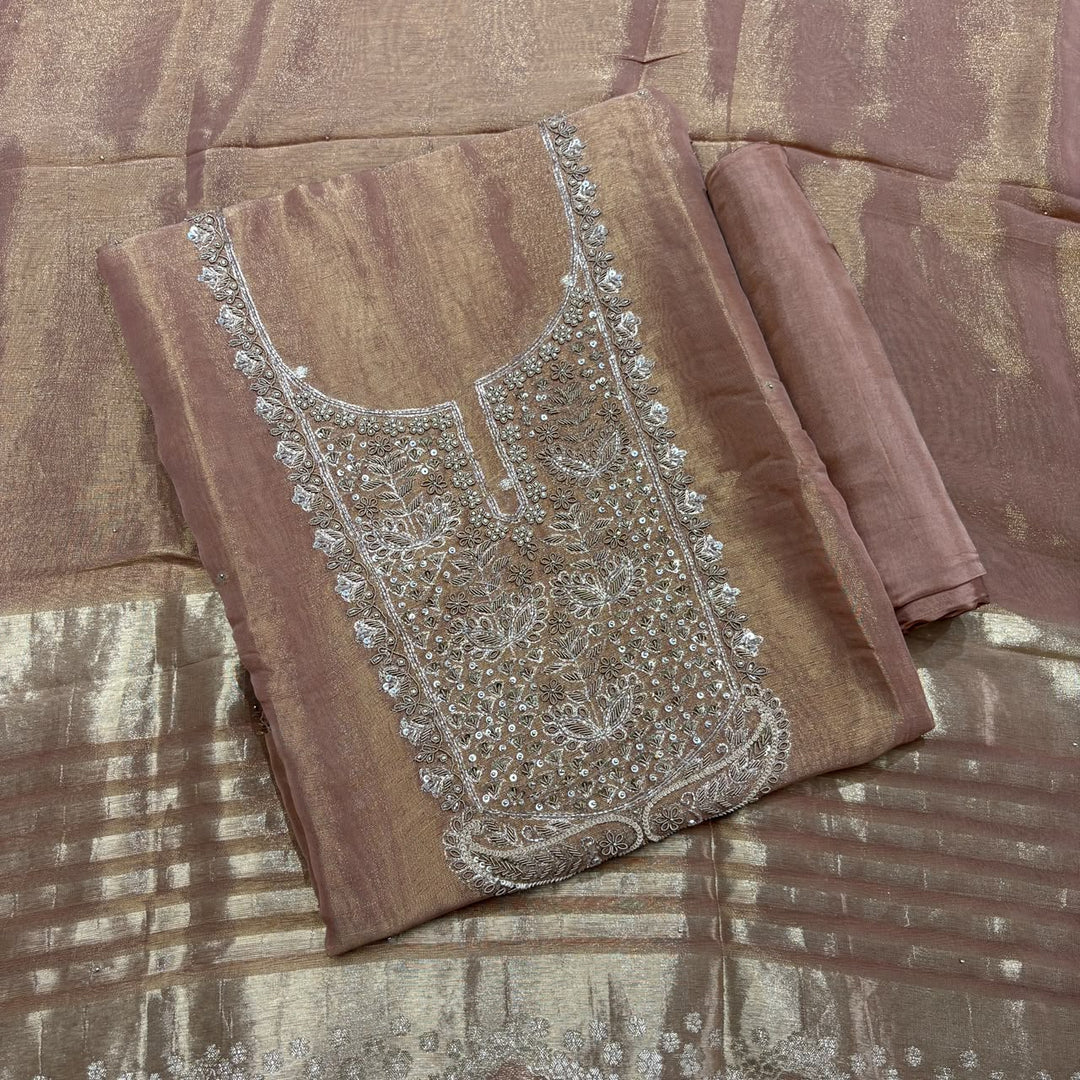 Premium Tissue Silk Dabka Pearl & Sequins Embroidered Unstitched Suit Set FS5265B - A