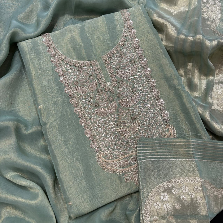 Premium Tissue Silk Dabka Pearl & Sequins Embroidered Unstitched Suit Set FS5265B - A1
