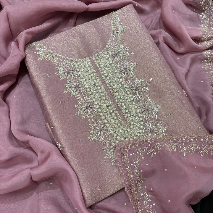 Premium Tissue Silk Dabka Pearl Sequins Unstitched Suit Set KD2311B - A