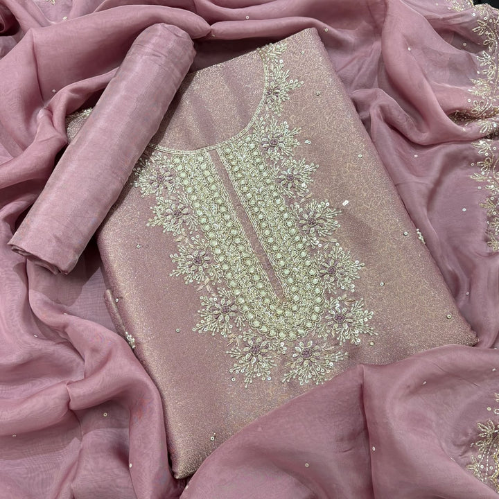 Premium Tissue Silk Dabka Pearl Sequins Unstitched Suit Set KD2311B - A