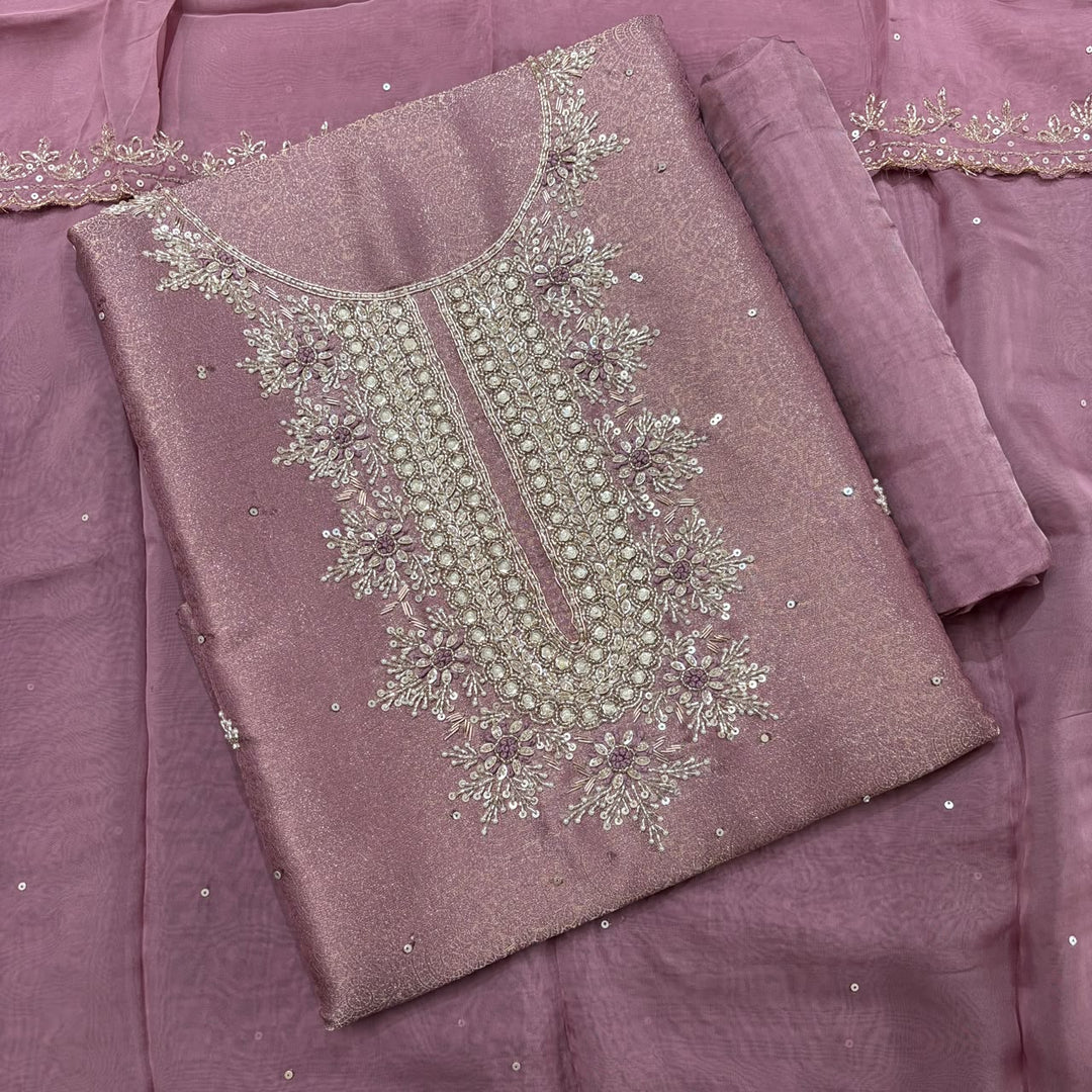 Premium Tissue Silk Dabka Pearl Sequins Unstitched Suit Set KD2311B - A