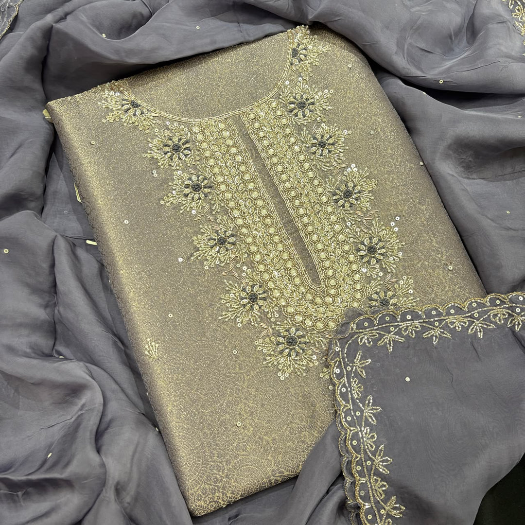Premium Tissue Silk Dabka Pearl Sequins Unstitched Suit Set KD2311B - B