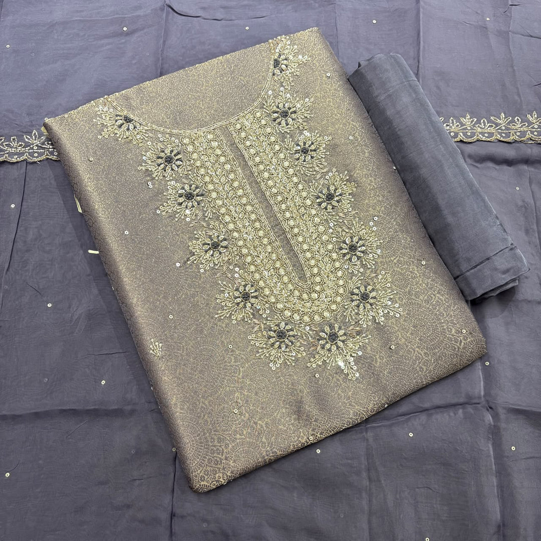 Premium Tissue Silk Dabka Pearl Sequins Unstitched Suit Set KD2311B - B