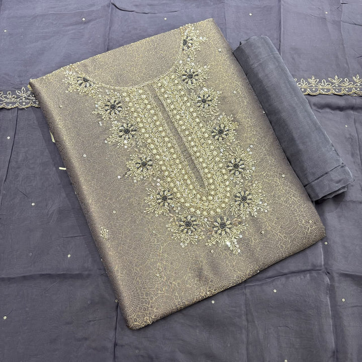 Premium Tissue Silk Dabka Pearl Sequins Unstitched Suit Set KD2311B - B