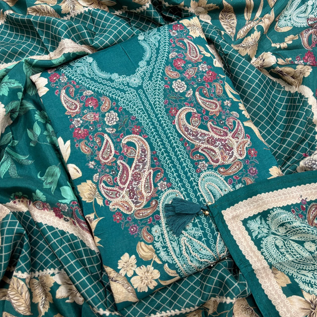 Printed Muslin Aari & Pearl Work Unstitched Suit Set SF4502 - 1