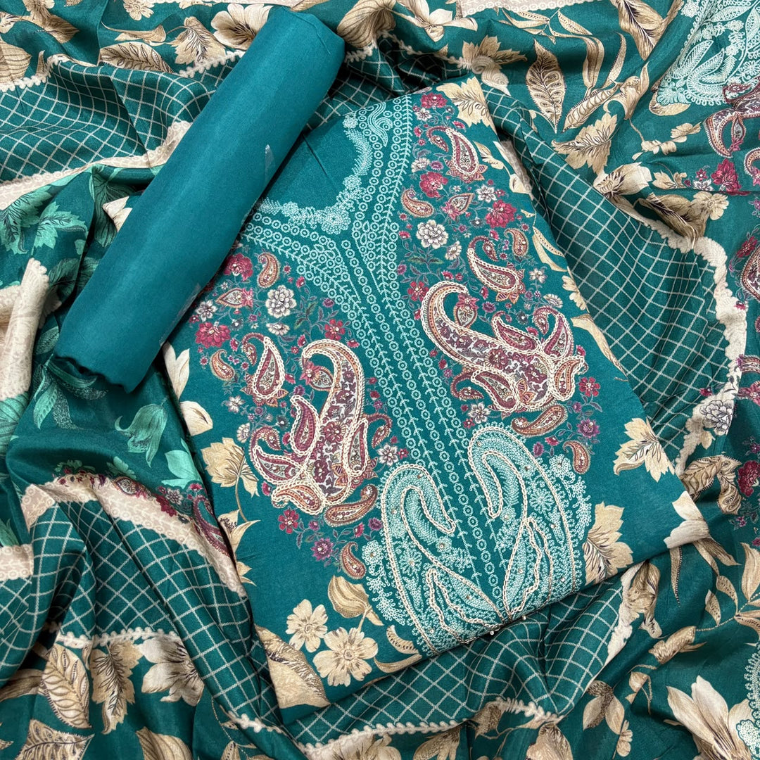 Printed Muslin Aari & Pearl Work Unstitched Suit Set SF4502 - 1