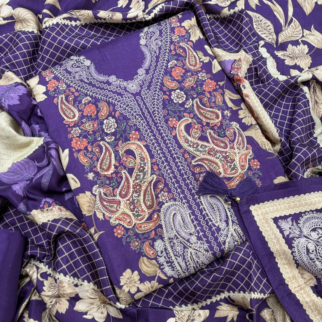 Printed Muslin Aari & Pearl Work Unstitched Suit Set SF4502 - 2