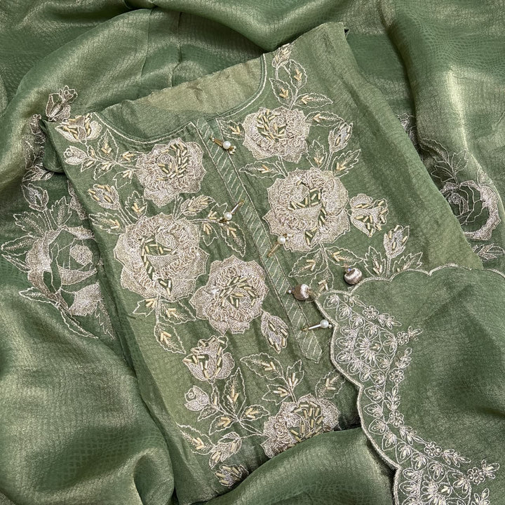 Premium Shimmer Tissue Zari Nalki Work Unstitched Suit Set-B31018-A