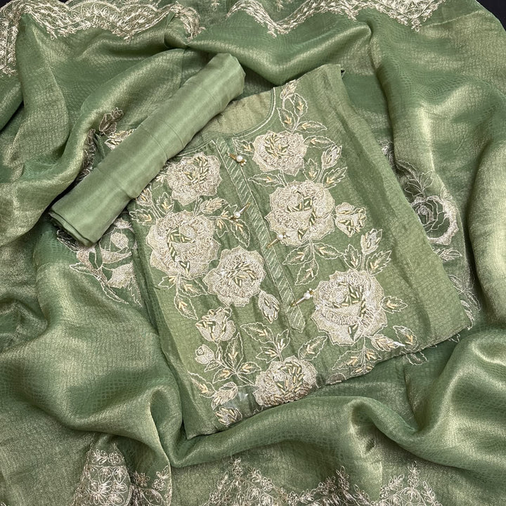 Premium Shimmer Tissue Zari Nalki Work Unstitched Suit Set-B31018-A