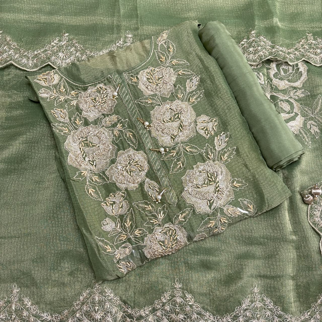 Premium Shimmer Tissue Zari Nalki Work Unstitched Suit Set-B31018-A