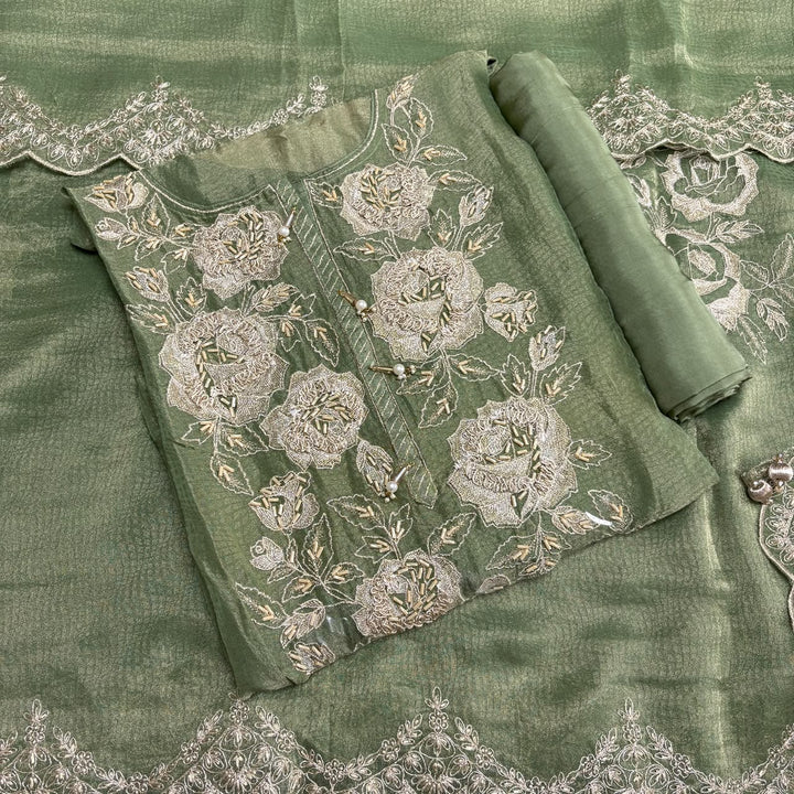 Premium Shimmer Tissue Zari Nalki Work Unstitched Suit Set-B31018-A