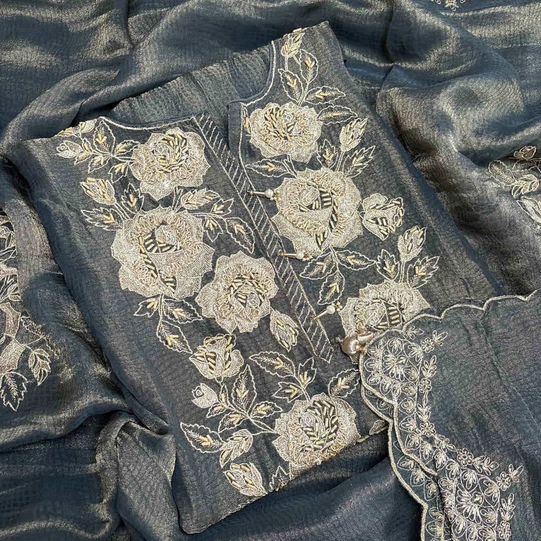 Premium Shimmer Tissue Zari Nalki Work Unstitched Suit Set-B31018-A1