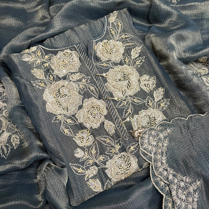 Premium Shimmer Tissue Zari Nalki Work Unstitched Suit Set-B31018-A1