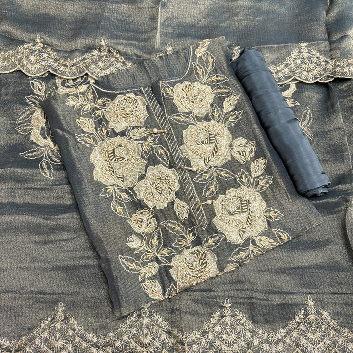 Premium Shimmer Tissue Zari Nalki Work Unstitched Suit Set-B31018-A1