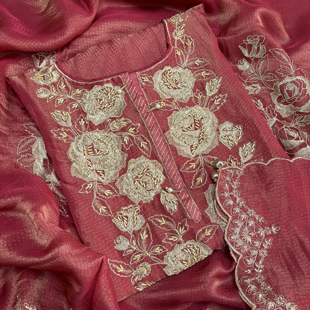 Premium Shimmer Tissue Zari Nalki Work Unstitched Suit Set-B31018-A2