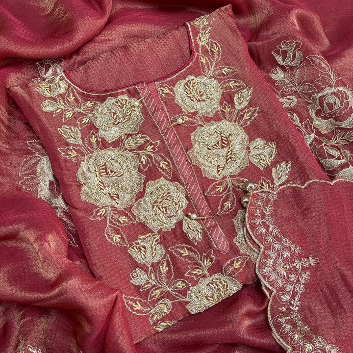 Premium Shimmer Tissue Zari Nalki Work Unstitched Suit Set-B31018-A2