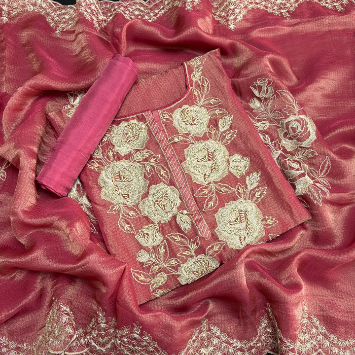 Premium Shimmer Tissue Zari Nalki Work Unstitched Suit Set-B31018-A2