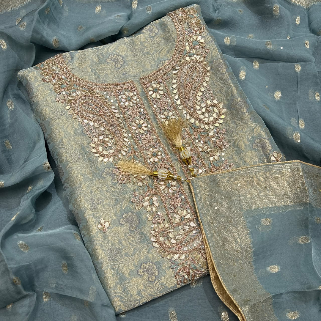 Premium Pure Silk Gota Patti Pearl Work Unstitched Suit-FM3213-1
