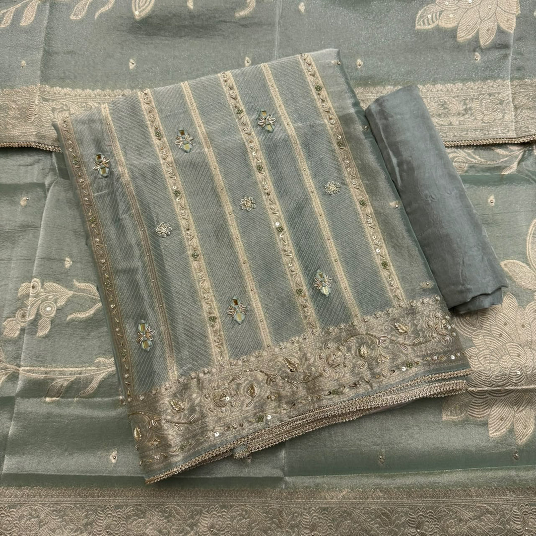 Premium Pure Silk Tissue Zardozi Unstitched Suit Set-FA6018-2