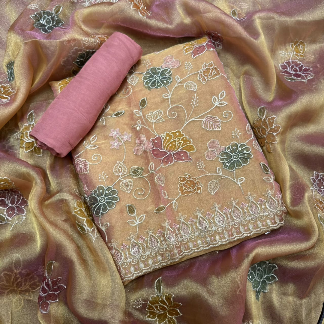Premium Tissue Zari Embroidery Sequin Work Unstitched Suit Set-LF8690-1