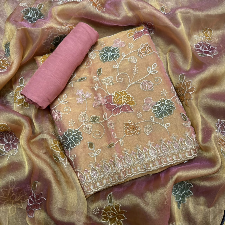 Premium Tissue Zari Embroidery Sequin Work Unstitched Suit Set-LF8690-1
