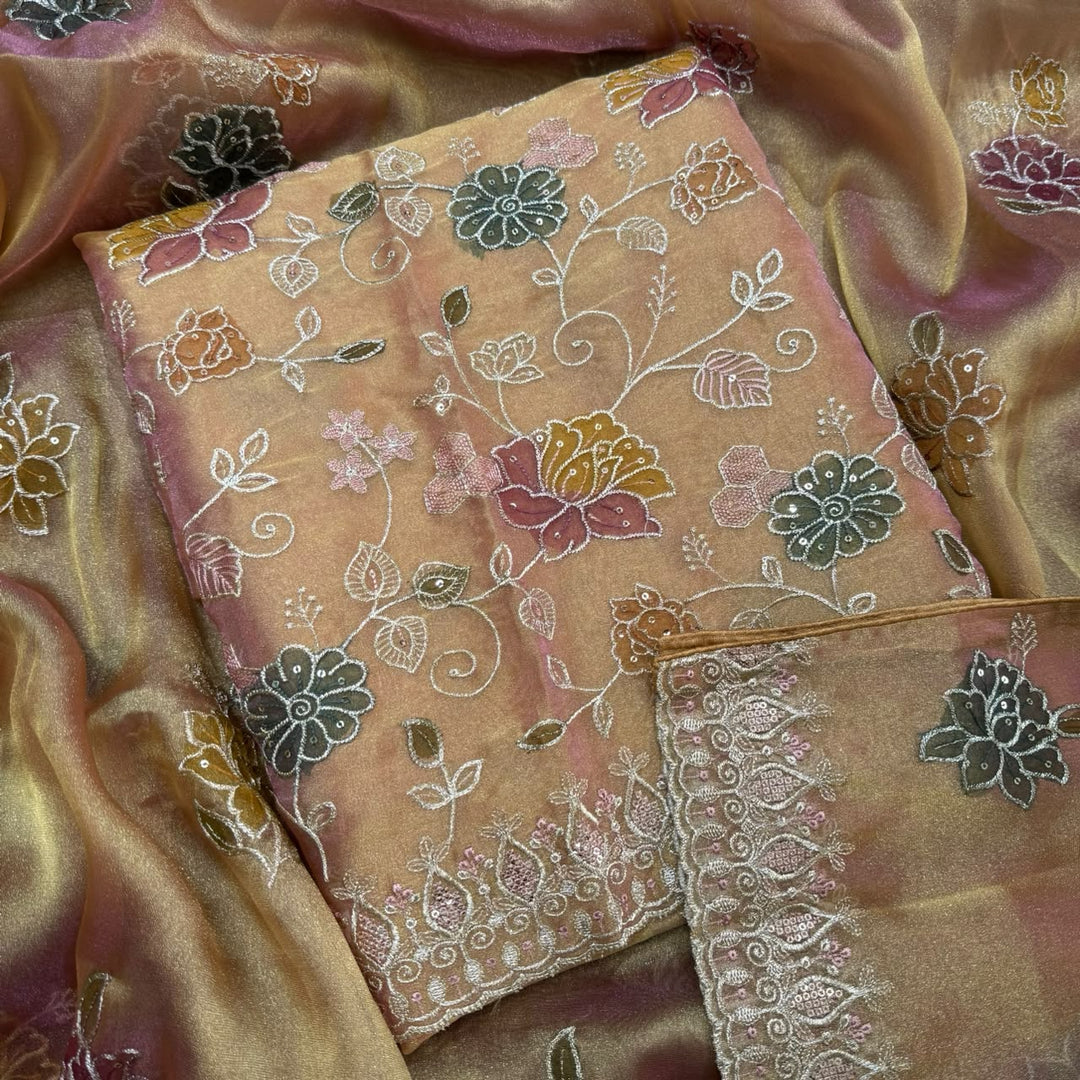 Premium Tissue Zari Embroidery Sequin Work Unstitched Suit Set-LF8690-1