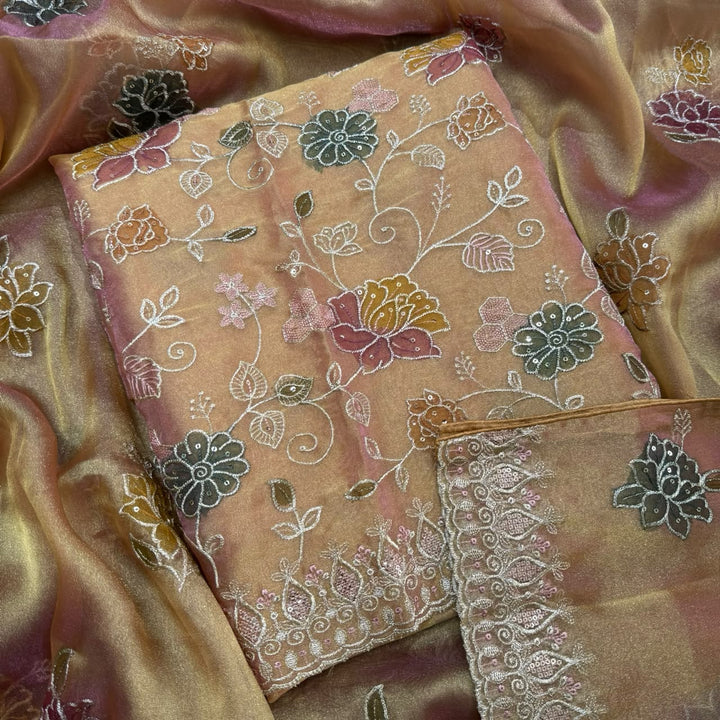 Premium Tissue Zari Embroidery Sequin Work Unstitched Suit Set-LF8690-1