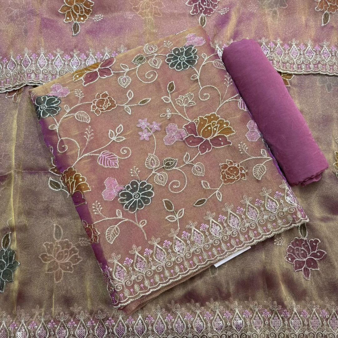 Premium Tissue Zari Embroidery Sequin Work Unstitched Suit Set-LF8690-3