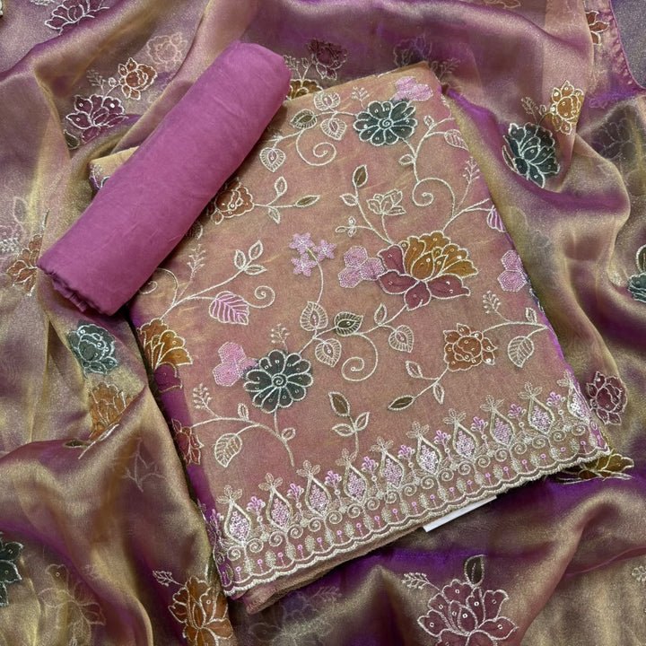 Premium Tissue Zari Embroidery Sequin Work Unstitched Suit Set-LF8690-3