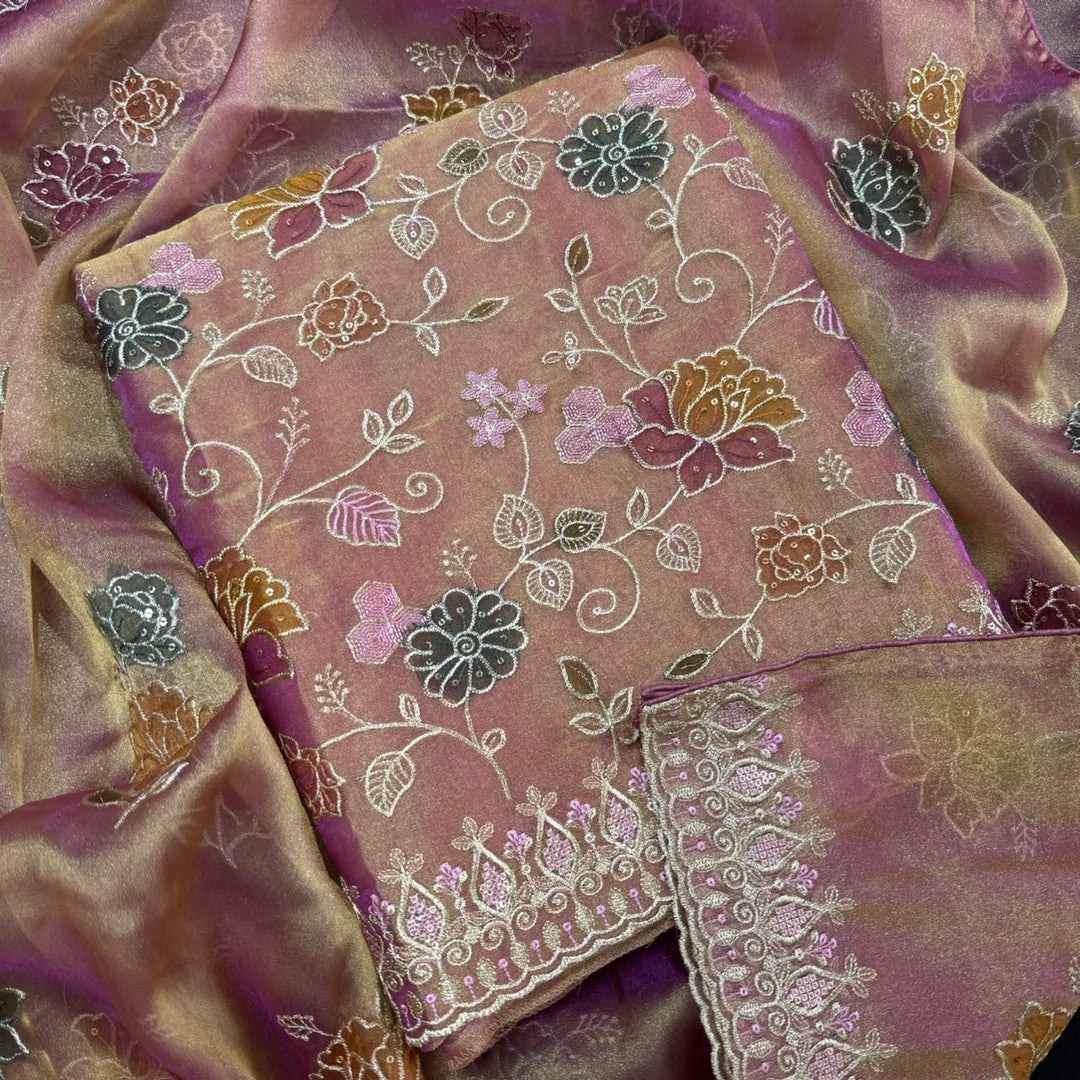 Premium Tissue Zari Embroidery Sequin Work Unstitched Suit Set-LF8690-3