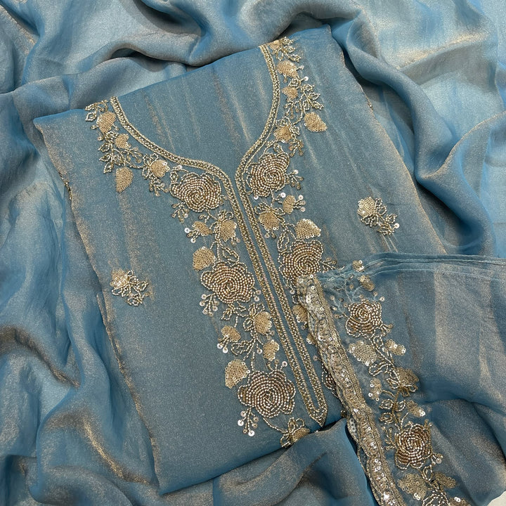 Premium Tissue Cutdana Sequin Work Unstitched Suit Set-LF8640-A