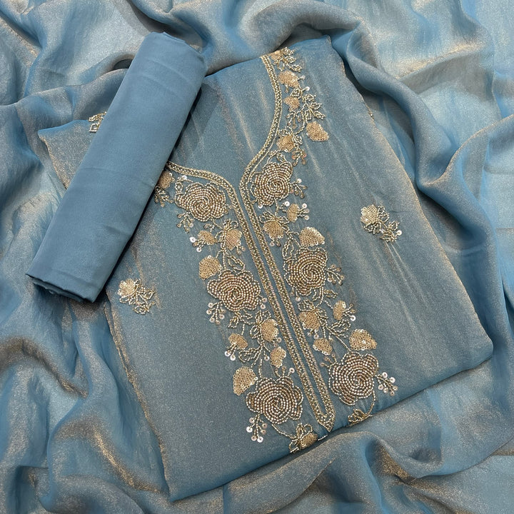 Premium Tissue Cutdana Sequin Work Unstitched Suit Set-LF8640-A