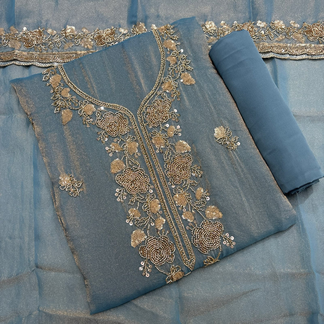 Premium Tissue Cutdana Sequin Work Unstitched Suit Set-LF8640-A