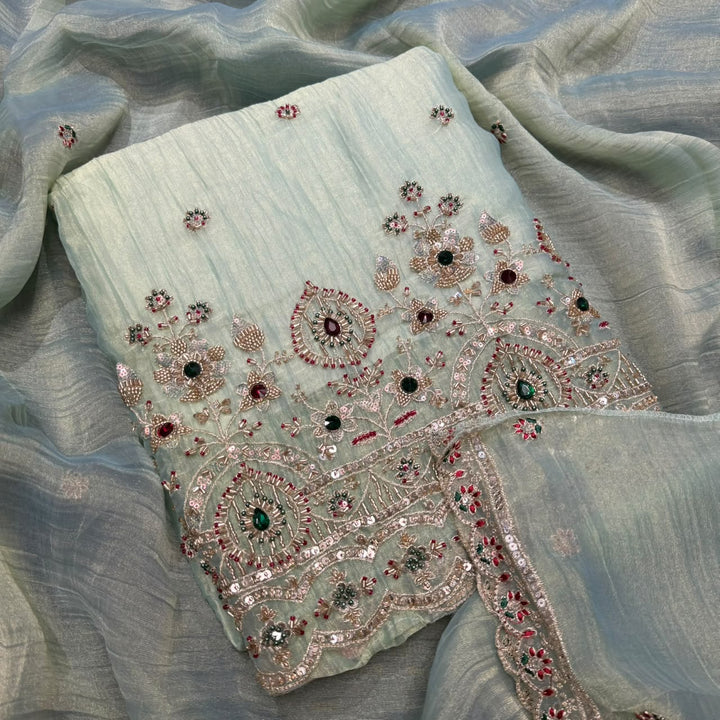Premium Shimmer Tissue With Multicolour Stone Work Unstitched Suit Set LF8696 -1