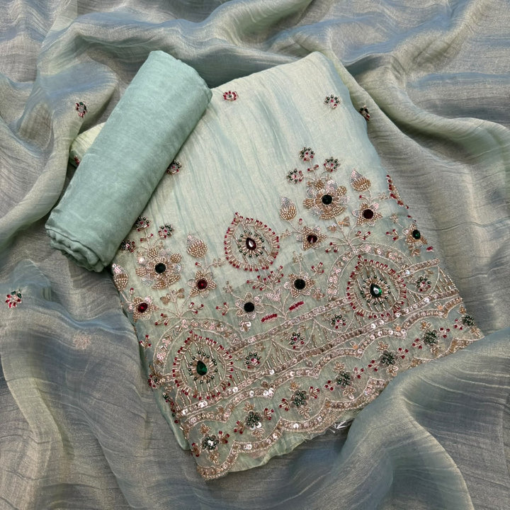 Premium Shimmer Tissue With Multicolour Stone Work Unstitched Suit Set LF8696 -1