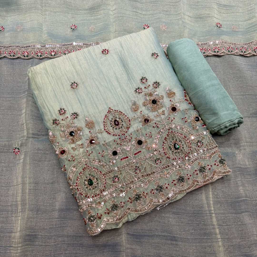 Premium Shimmer Tissue With Multicolour Stone Work Unstitched Suit Set LF8696 -1