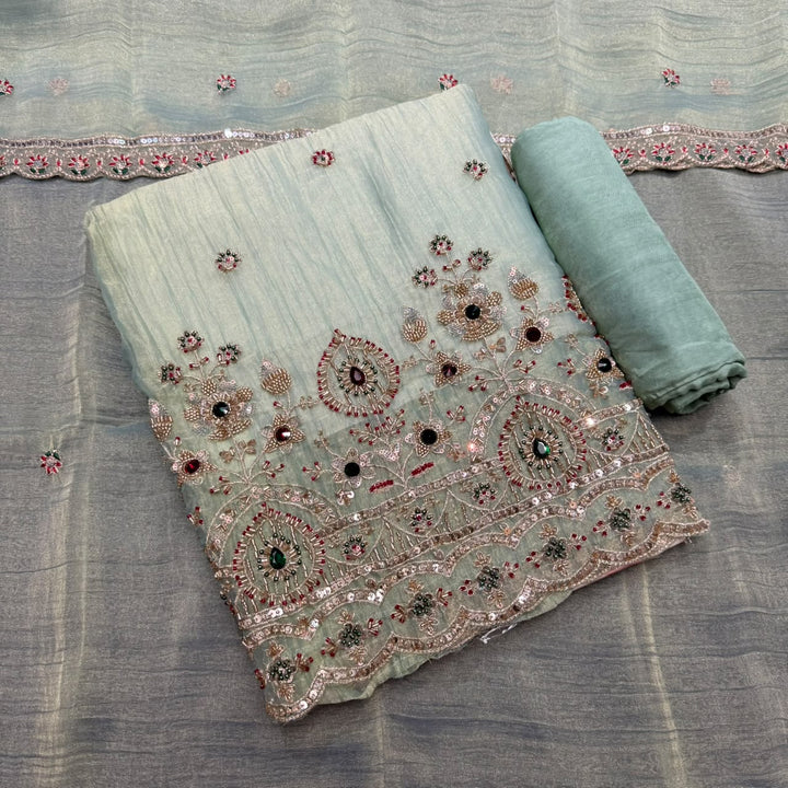 Premium Shimmer Tissue With Multicolour Stone Work Unstitched Suit Set LF8696 -1