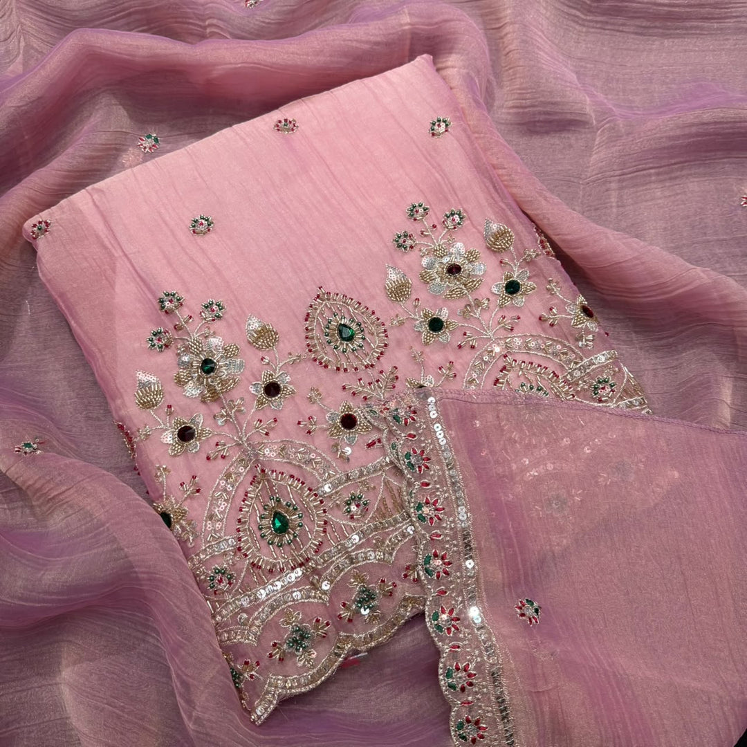 Premium Shimmer Tissue With Multicolour Stone Work Unstitched Suit Set LF8696 -2