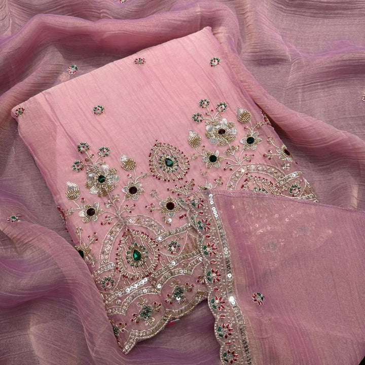 Premium Shimmer Tissue With Multicolour Stone Work Unstitched Suit Set LF8696 -2