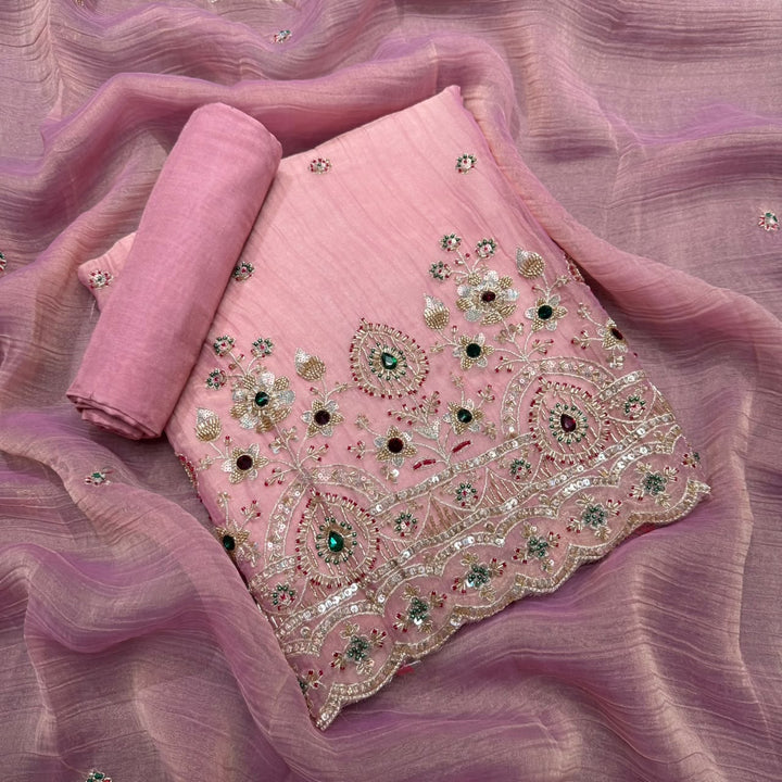 Premium Shimmer Tissue With Multicolour Stone Work Unstitched Suit Set LF8696 -2
