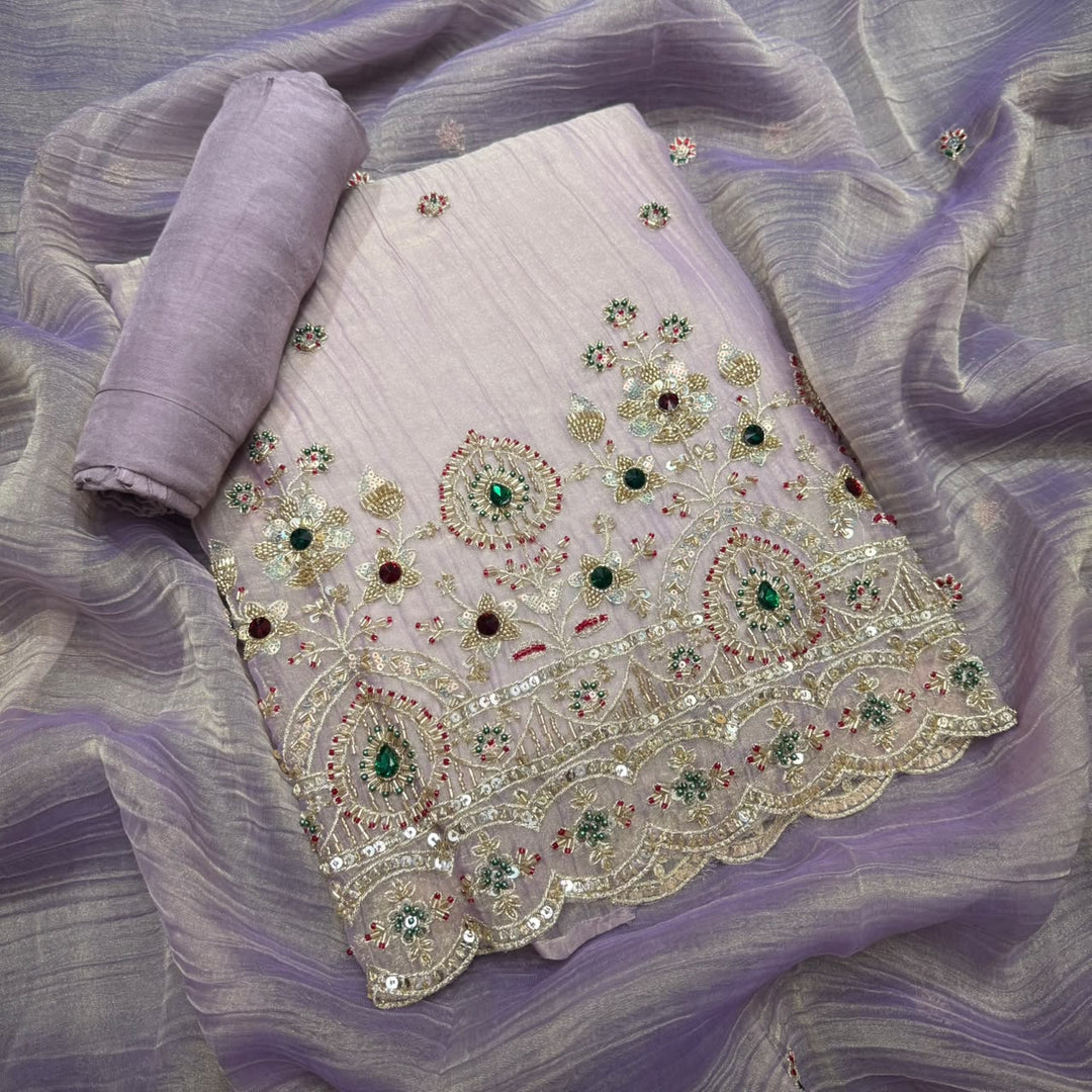 Premium Shimmer Tissue With Multicolour Stone Work Unstitched Suit Set LF8696 -3