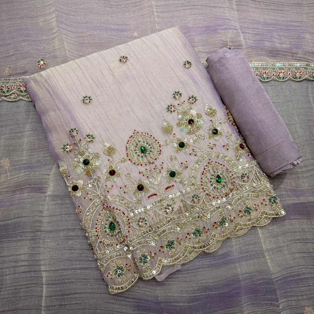 Premium Shimmer Tissue With Multicolour Stone Work Unstitched Suit Set LF8696 -3